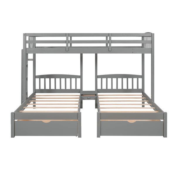 Twin over Twin & Twin Bunk Bed with Two Drawers and Built-in Middle Drawer