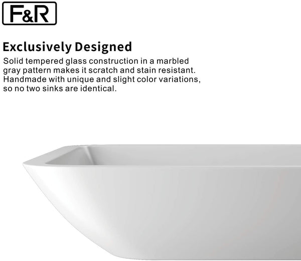 F&R Glass Vessel Bathroom Sink Handmade Thick & Durable, Bathroom Sink Tempered Glass White Vessel Sink, Rectangular Above Counter Vanity Sink