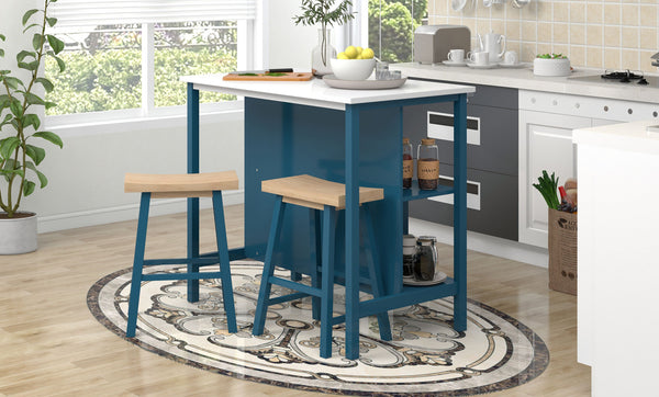 Farmhouse 3-piece Wood Stationary Kitchen Island Set with 2 Seatings, Dining Table Set with Shelves and Wine Rack for Small Places,Blue Frame+White Top