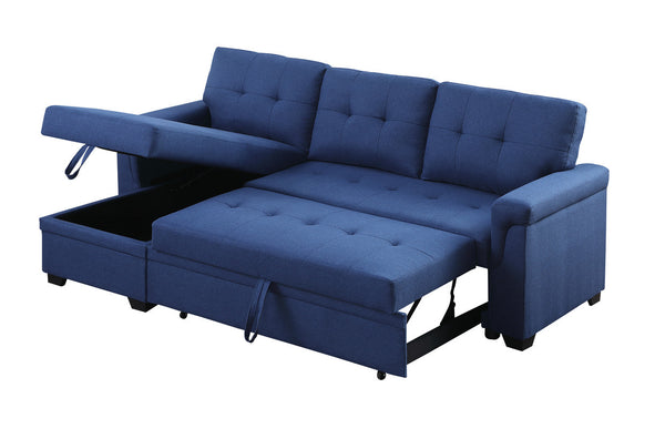 Lucca 84" Blue Linen Reversible Sleeper Sectional Sofa with Storage Chaise