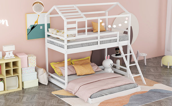 Twin over Full House Bunk Bed with Ladder and Window,Full-Length Guardrail