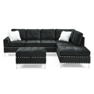 Sectional 3-Seaters Sofa with Reversible Chaise; Storage Ottoman and Cup Holders; Metal Legs and Copper Nails; Two White Villose Pillows ; Black