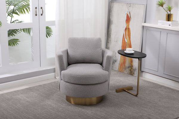 Teddy Swivel Barrel Chair, Swivel Accent Chairs Armchair for Living Room, Reading Chairs for Bedroom Comfy, Round Barrel Chairs with Gold Stainless Steel Base (Grey)