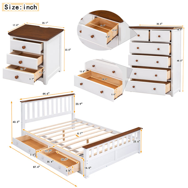 3-Pieces Bedroom Sets Queen Size Platform Bed with Nightstand(USB Charging Ports) and Storage Chest; White+Walnut