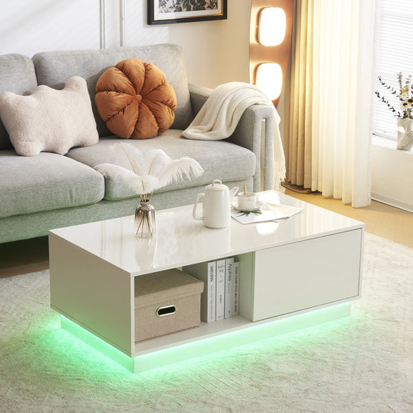 Modern LED Coffee Table with 2 Drawers and 16 Colors LED Lights, High Glossy Rectangle Coffee End Table for Living Room, White