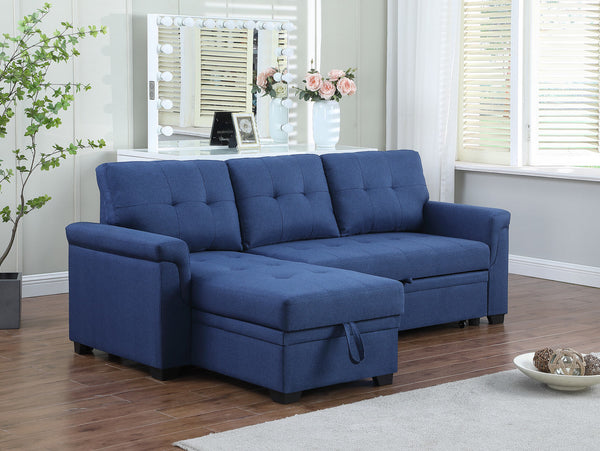 Lucca 84" Blue Linen Reversible Sleeper Sectional Sofa with Storage Chaise