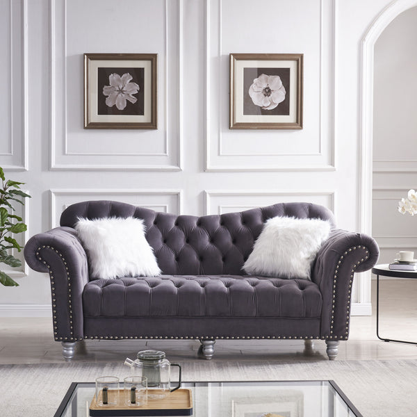 3 Piece Living Room Sofa Set, including 3-Seater Sofa, Loveseat and Sofa Chair, with Button and Copper Nail on Arms and Back, Five White Villose Pillow, Grey.