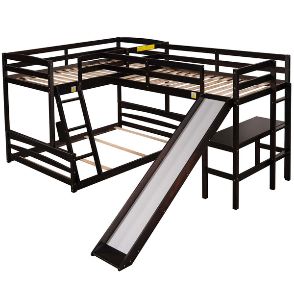 Twin over Full Bunk Bed with Twin Size Loft Bed with Desk and Slide,Full-Length Guardrail