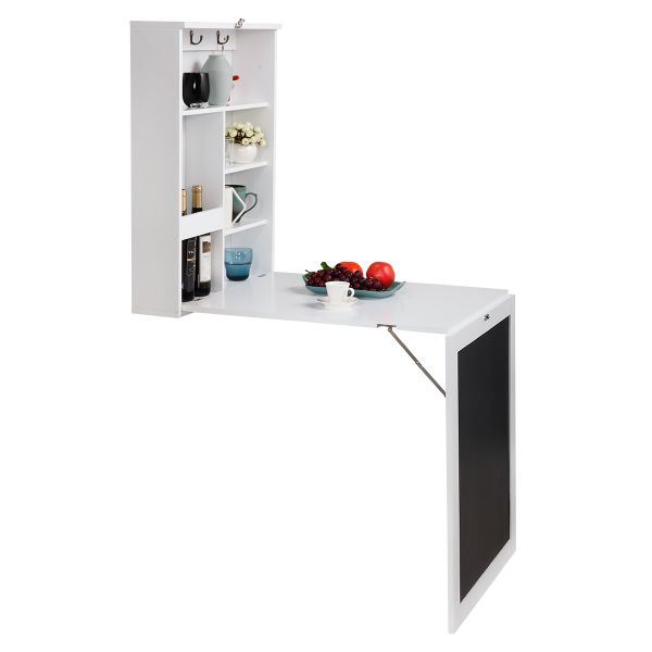 Floating Wall Mounted Table, Foldable Desk with Storage Shelves and Blackboard - black+white XH