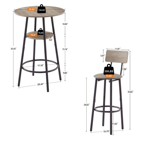 Bar Table Set with 2 Bar stools PU Soft seat with backrest (Grey; 23.62''L*23.62''W*35.43''H)