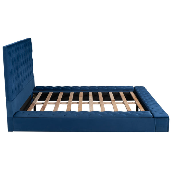 Queen Size Upholstery Low Profile Storage Platform Bed with Storage Space on both Sides and Footboard; Blue