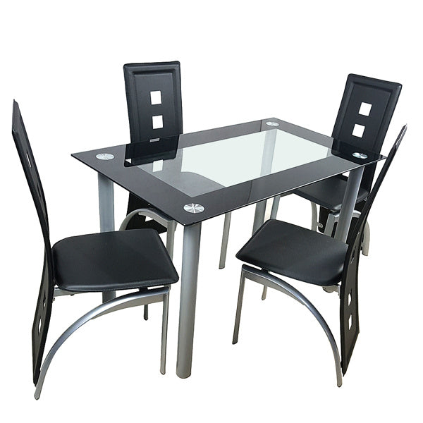 5 Pieces Dining Table Set for 4, Kitchen Room Tempered Glass Dining Table, 4 Chairs, Black, Table legs are silvery