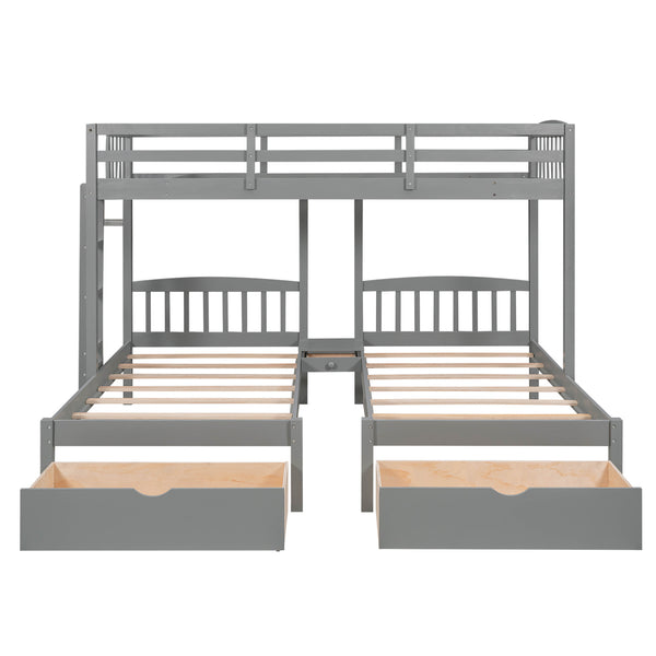 Twin over Twin & Twin Bunk Bed with Two Drawers and Built-in Middle Drawer