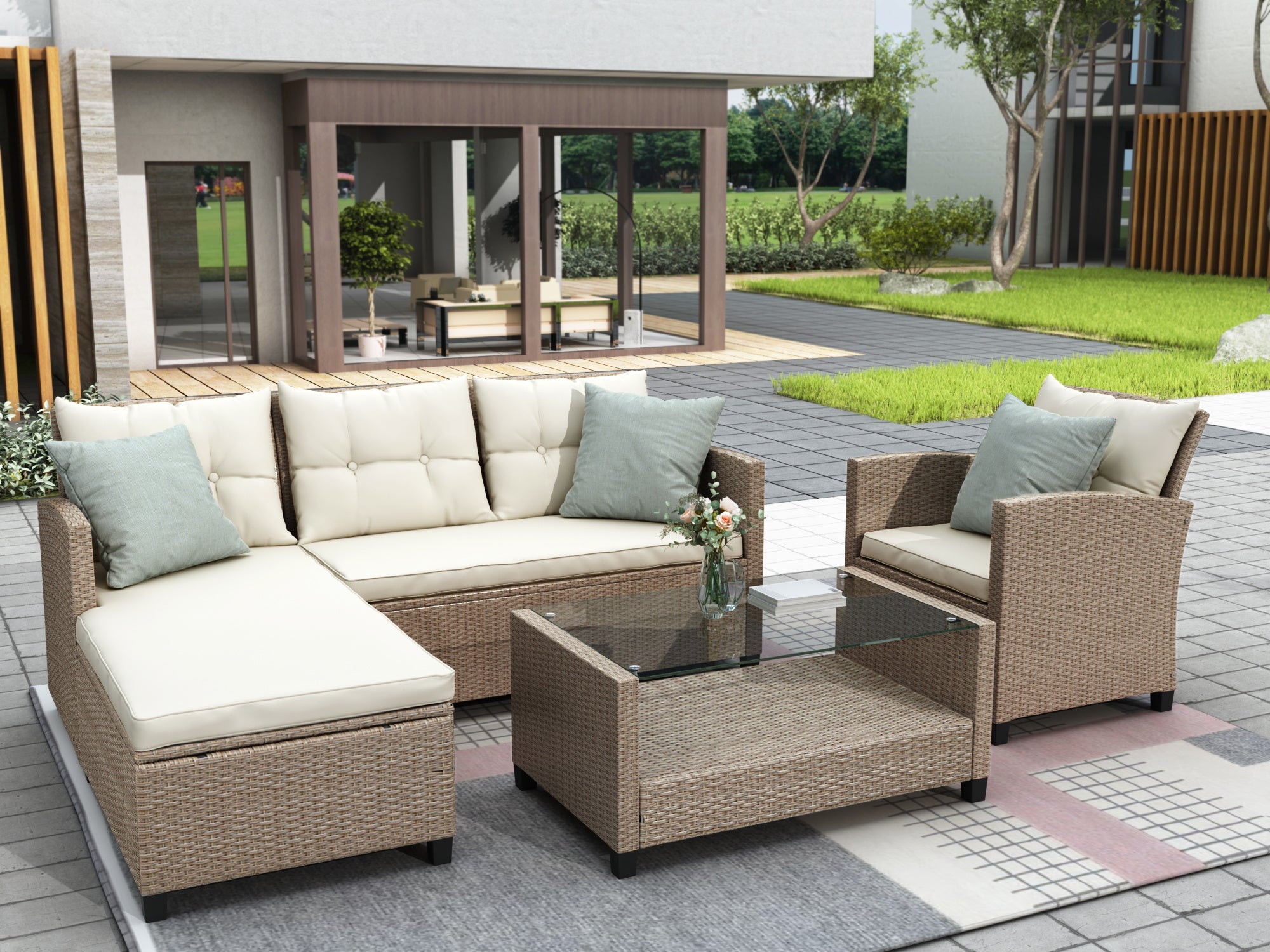 Outdoor, Patio Furniture Sets, 4 Piece Conversation Set Wicker Ratten Sectional Sofa with Seat Cushions(Beige Brown)