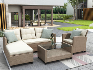 Outdoor, Patio Furniture Sets, 4 Piece Conversation Set Wicker Ratten Sectional Sofa with Seat Cushions(Beige Brown)