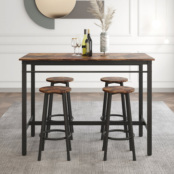 5-Piece Kitchen Counter Height Table Set; Bar Table with 4 Stools (Rustic Brown)