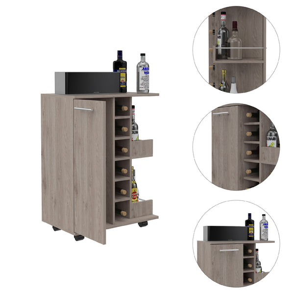 Bar Cart; Two External Shelves; Four Casters; Six Built-in Wine Rack; Single Door Cabinet -Light Gray