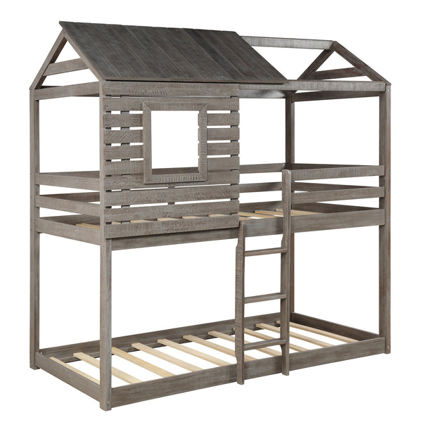 Twin Over Twin Bunk Bed Wood Loft Bed with Roof; Window; Guardrail; Ladder ( Antique Gray )