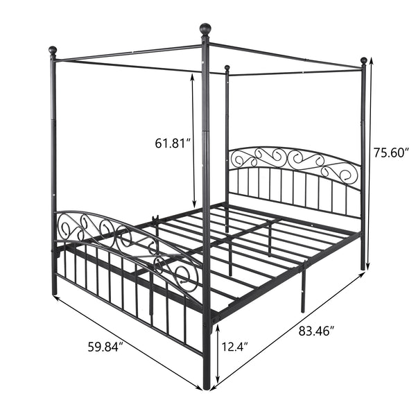 Metal Canopy Bed Frame with Ornate European Style Headboard &amp; Footboard Sturdy Steel Holds 600lbs Perfectly Fits Your Mattress Easy DIY Assembly All Parts Included, Queen Black