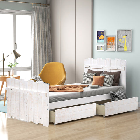 twin size platform bed with Drawers, Vintage Fence-shaped Headboard and Footboard, Rustic Style, White