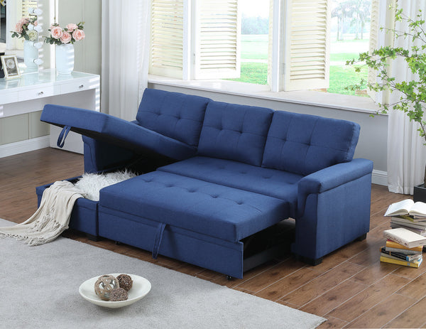 Lucca 84" Blue Linen Reversible Sleeper Sectional Sofa with Storage Chaise