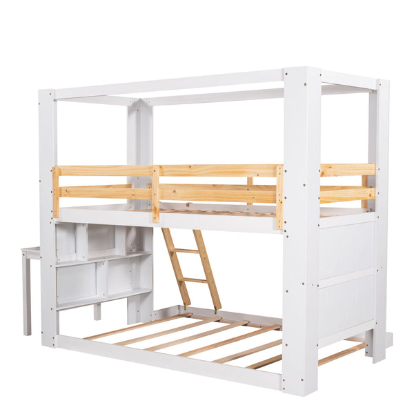 Twin Over Full Bunk Bed with Desk Storage Shelves.Reinforced Structure Bunk Beds Solid Wood Bed Frame for Kids Teens