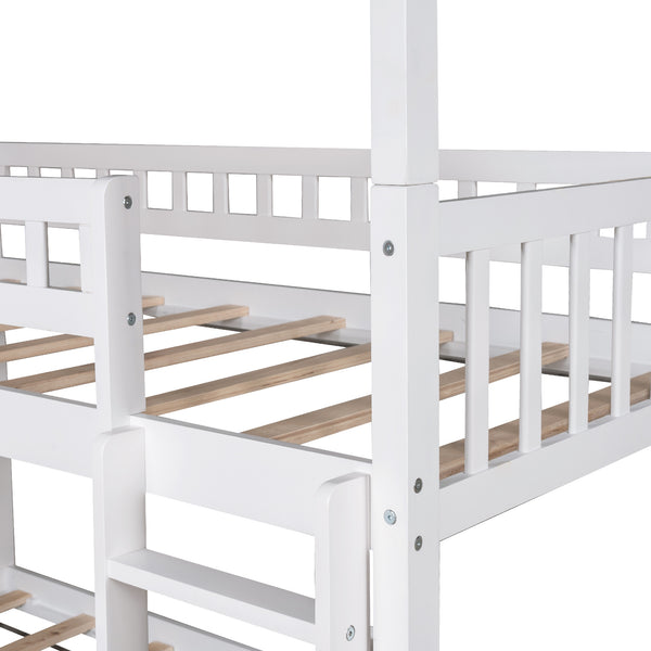 Twin-Over-Twin-Over-Twin Triple Bed with Built-in Ladder and Slide ; Triple Bunk Bed with Guardrails; White