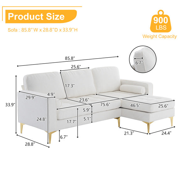 218*141*87cm Boucle Yarn, Diamond-Shaped Gold-Plated Three-Pronged Legs, Three-Seater With Footstool, Indoor Modular Sofa, Beige