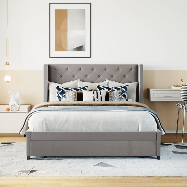 Queen Size Storage Bed Velvet Upholstered Platform Bed with Wingback Headboard and a Big Drawer