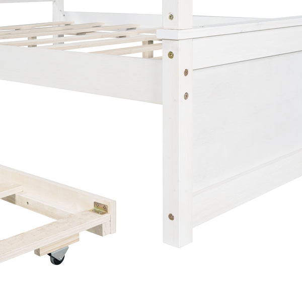 Wood Canopy Bed with Trundle Bed ; Full Size Canopy Platform bed With Support Slats .No Box Spring Needed; Brushed White