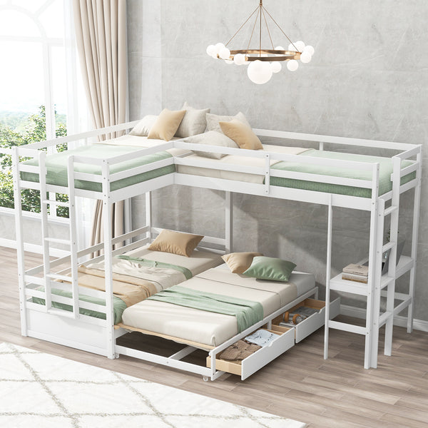 Twin over Twin/King Size L-Shaped Bunk Bed with Built-in Desk and Two Drawers; White