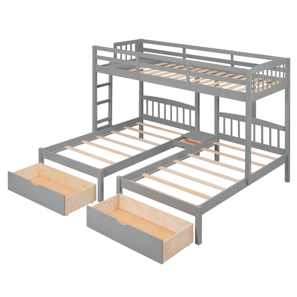 Twin over Twin & Twin Bunk Bed with Two Drawers and Built-in Middle Drawer