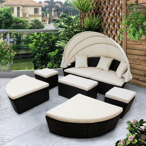 Outdoor rattan daybed sunbed with Retractable Canopy Wicker Furniture, Round Outdoor Sectional Sofa Set, black Wicker Furniture Clamshell Seating with Washable Cushions, Backyard, Porch