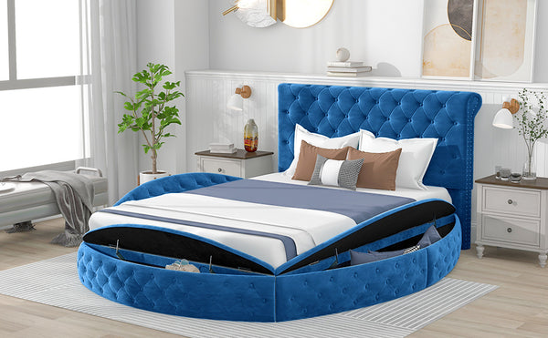 Queen Size Round Shape Upholstery Low Profile Storage Platform Bed with Storage Space on both Sides and Footboard