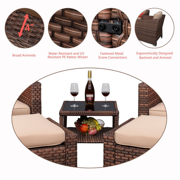 5 PCS Outdoor Patio Rattan Wicker Furniture Set with Coffee Table Sofa Cushioned  XH