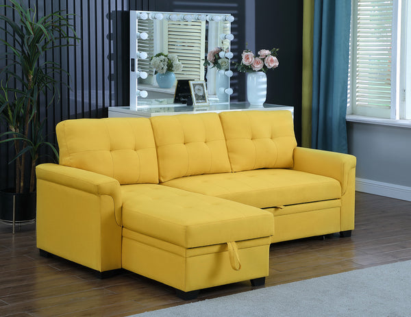 Lucca 84" Yellow Linen Reversible Sleeper Sectional Sofa with Storage Chaise