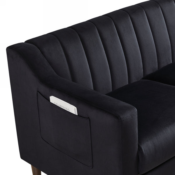 Modern Chesterfield sofa couch, Comfortable Upholstered sofa with Velvet Fabric and Wooden Frame and Wood Legs for Living Room/Bedroom/Office Black --3 Seats