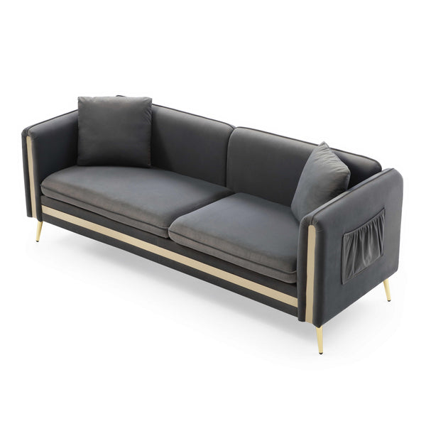 77.2' Modern Upholstered Velvet Sofa 3 Seater Couch with Removable Cushions Side Pocket Mid-Century Tufted Living Room Set Gold Metal Legs,2 Pillows Included