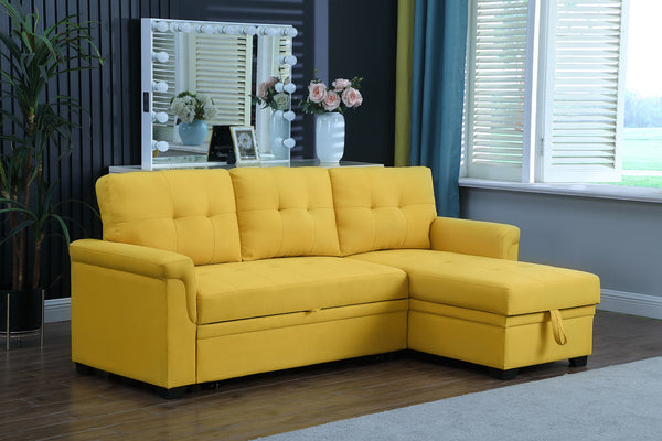 Lucca 84" Yellow Linen Reversible Sleeper Sectional Sofa with Storage Chaise