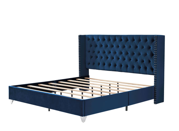 B100S King bed; Button designed Headboard; strong wooden slats + metal legs with Electroplate