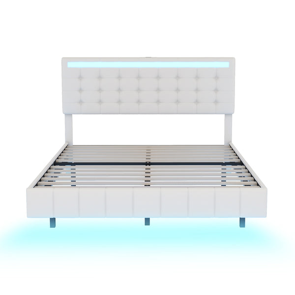 Queen Size Floating Bed Frame with LED Lights and USB Charging,Modern Upholstered Platform LED Bed Frame,White