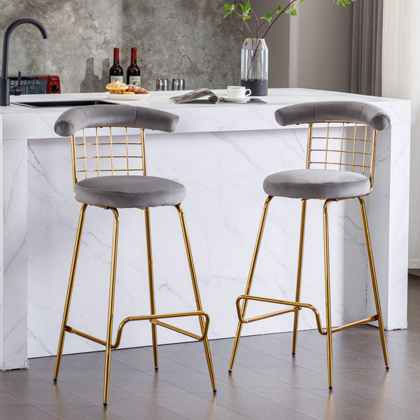 Bar Stool Set of 2, Luxury Velvet High Bar Stool with Metal Legs and Soft Back, Pub Stool Chairs Armless Modern Kitchen High Dining Chairs with Metal Legs