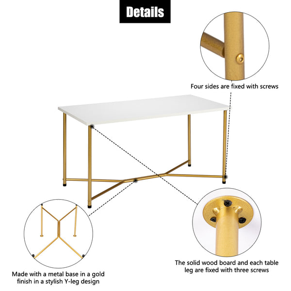 HODELY Single Layer 1.5cm Thick MDF White waterproof Square Tabletop Golden Table Legs Iron Coffee Table White