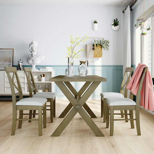 5 Pieces Farmhouse Rustic Wood Kitchen Dining Table Set with Upholstered 4 X-back Chairs