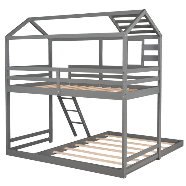 Twin over Full House Bunk Bed with Ladder and Window,Full-Length Guardrail