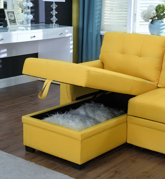 Lucca 84" Yellow Linen Reversible Sleeper Sectional Sofa with Storage Chaise