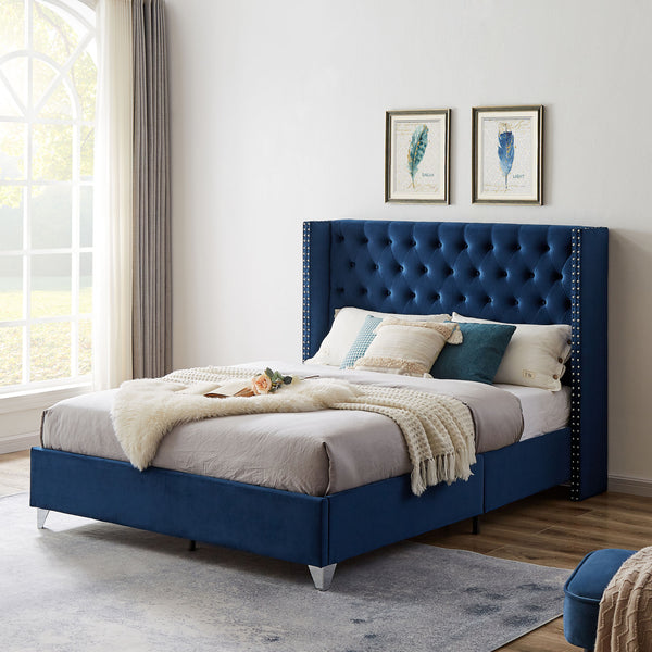 B100S King bed; Button designed Headboard; strong wooden slats + metal legs with Electroplate