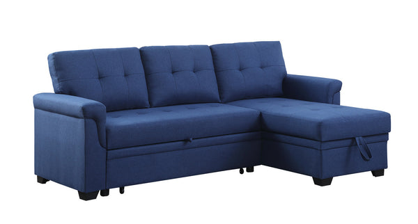 Lucca 84" Blue Linen Reversible Sleeper Sectional Sofa with Storage Chaise