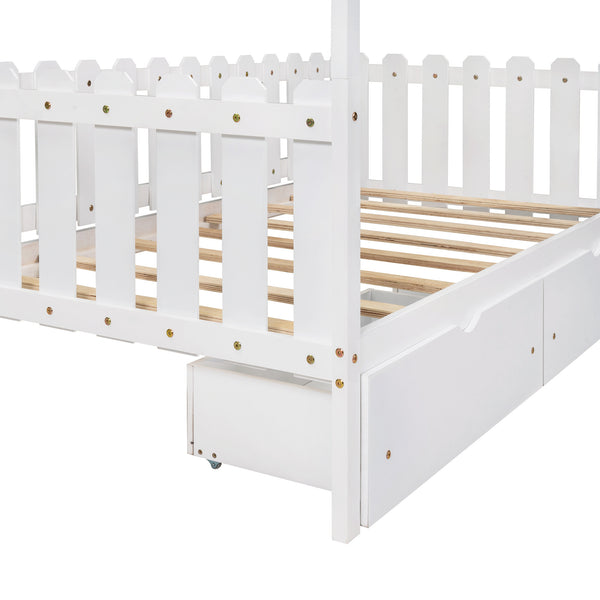 Twin Size House Bed with drawers, Fence-shaped Guardrail