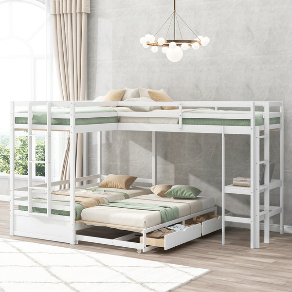 Twin over Twin/King Size L-Shaped Bunk Bed with Built-in Desk and Two Drawers; White